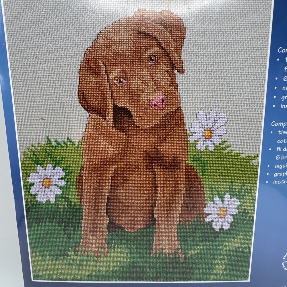 Janlynn Count Cross Stitch Kit Puppy Dog Daisies‎ Labrador Chocolate Vtg Y2K New